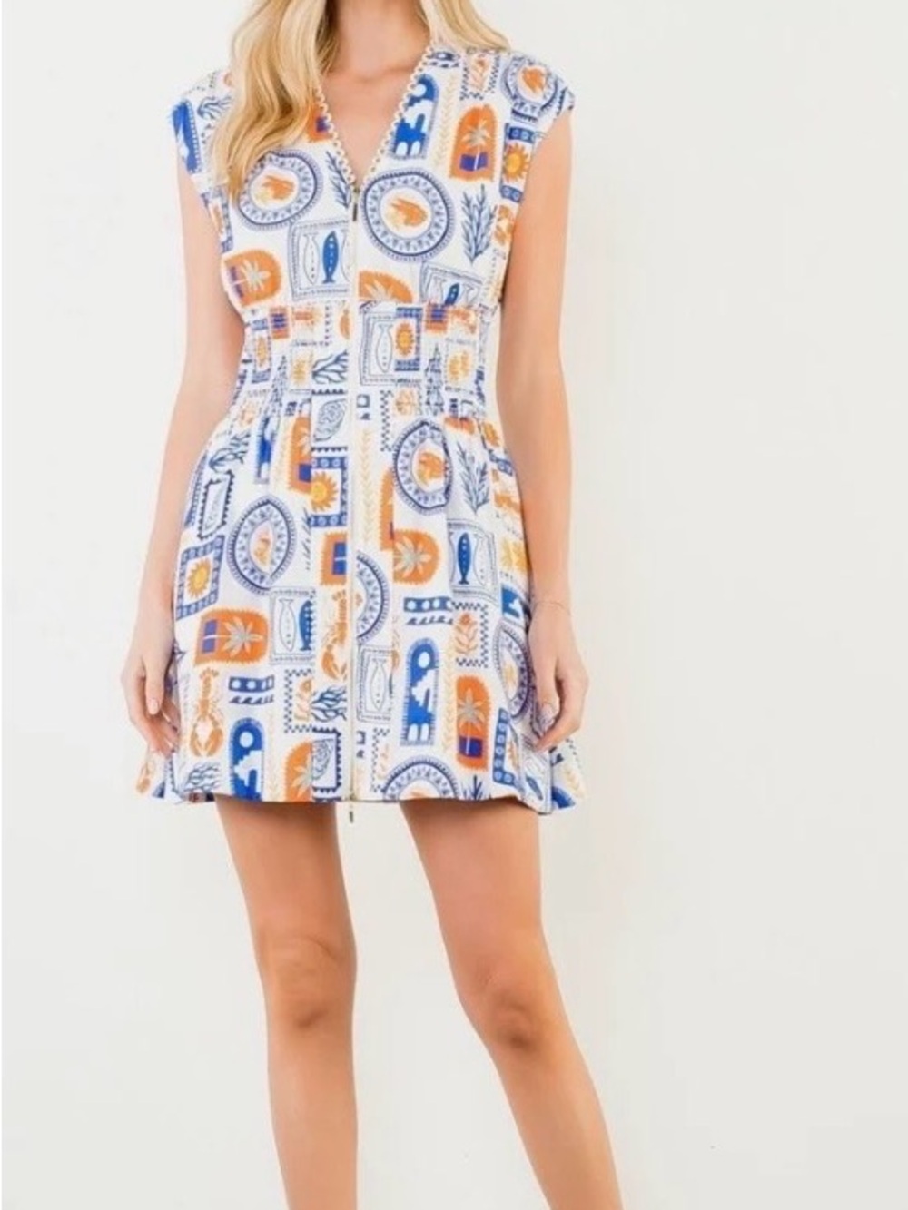 THML- Sunset Tile Print Cap-Sleeve Mini Dress in White, Blue & Orange